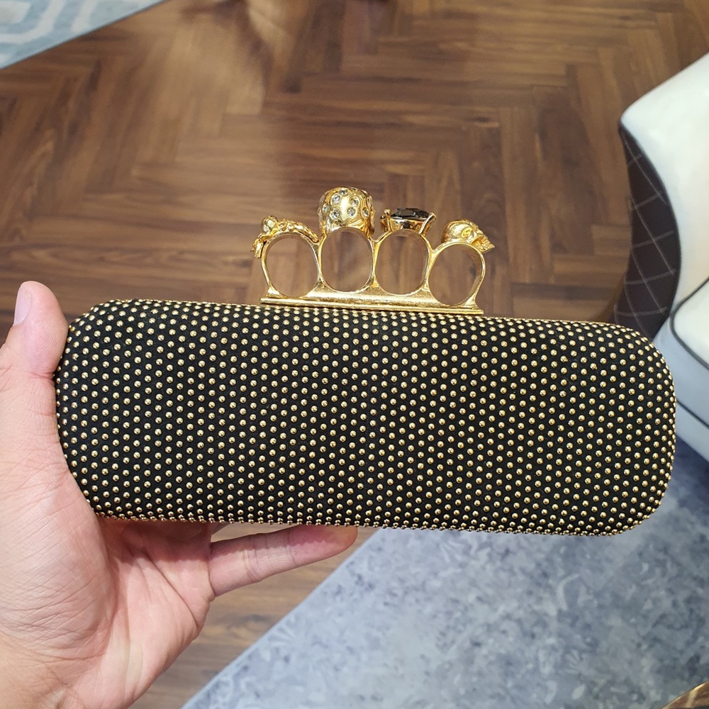 Alexander McQueen Black Studded Leather Skull Knuckle Box Clutch